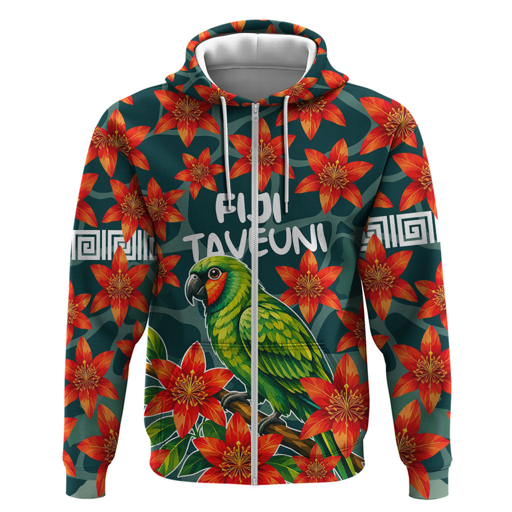 Fiji Taveuni Parrot Hoodie Tropical Waterfall Landscape With Floral Tribal Pattern