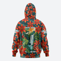 Fiji Taveuni Parrot Hoodie Tropical Waterfall Landscape With Floral Tribal Pattern