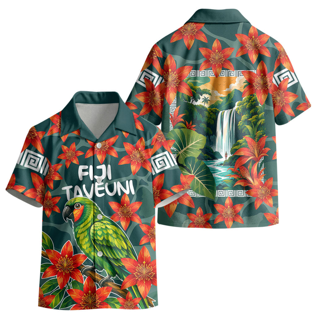 Fiji Taveuni Parrot Kid Hawaiian Shirt Tropical Waterfall Landscape With Floral Tribal Pattern
