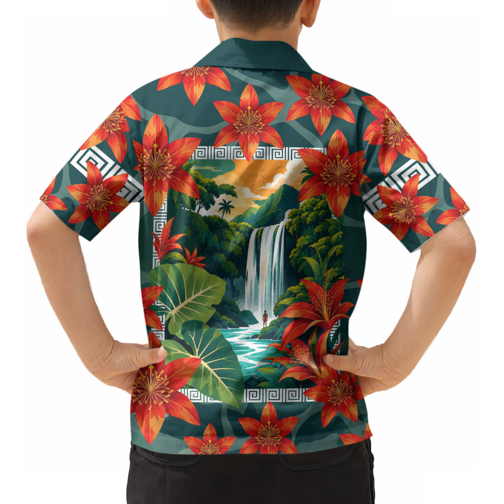 Fiji Taveuni Parrot Kid Hawaiian Shirt Tropical Waterfall Landscape With Floral Tribal Pattern