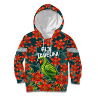 Fiji Taveuni Parrot Kid Hoodie Tropical Waterfall Landscape With Floral Tribal Pattern