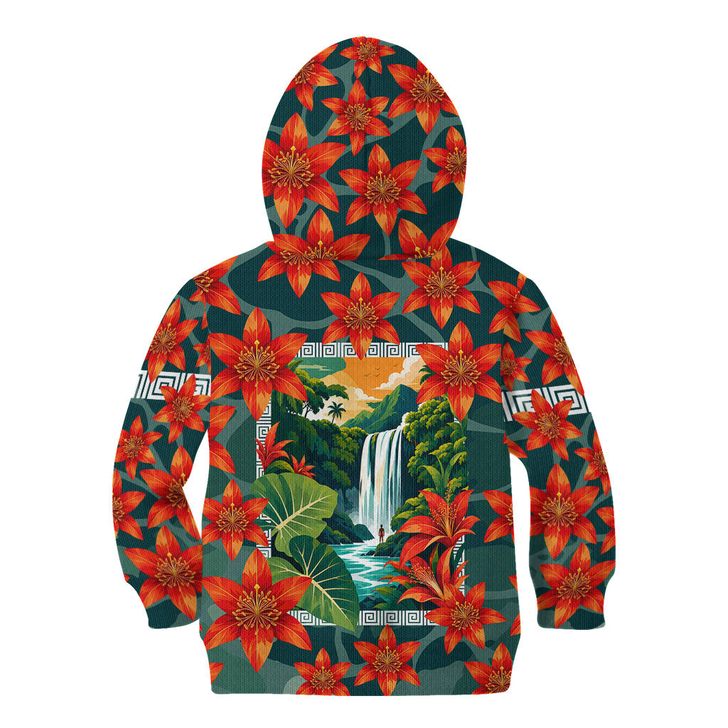 Fiji Taveuni Parrot Kid Hoodie Tropical Waterfall Landscape With Floral Tribal Pattern