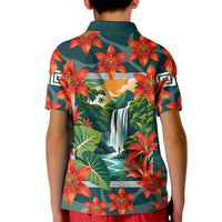 Fiji Taveuni Parrot Kid Polo Shirt Tropical Waterfall Landscape With Floral Tribal Pattern