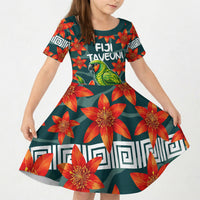 Fiji Taveuni Parrot Kid Short Sleeve Dress Tropical Waterfall Landscape With Floral Tribal Pattern