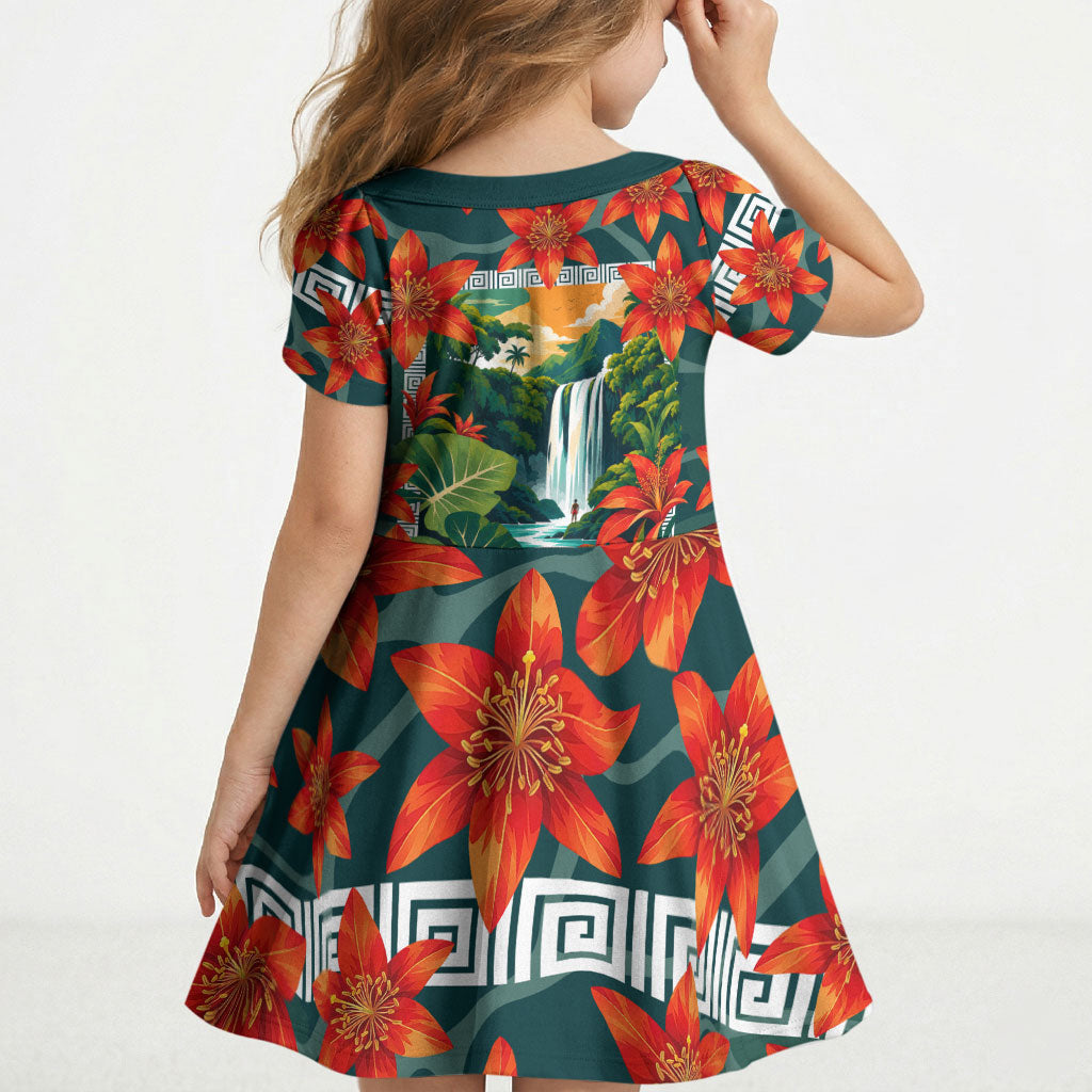 Fiji Taveuni Parrot Kid Short Sleeve Dress Tropical Waterfall Landscape With Floral Tribal Pattern