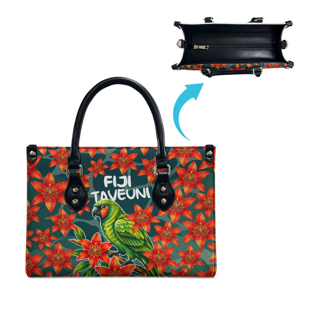 Fiji Taveuni Parrot Leather Bag Tropical Waterfall Landscape With Floral Tribal Pattern