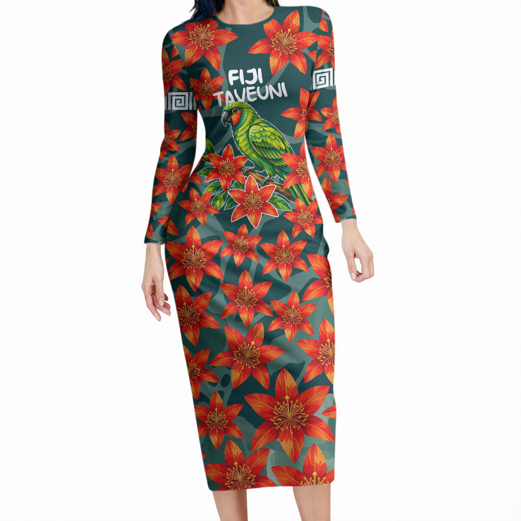 Fiji Taveuni Parrot Long Sleeve Bodycon Dress Tropical Waterfall Landscape With Floral Tribal Pattern TS04 Long Dress Green Orange - Polynesian Pride