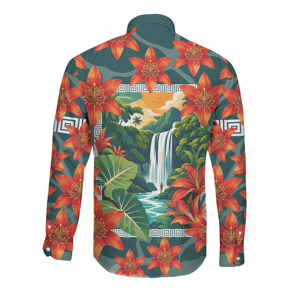 Fiji Taveuni Parrot Long Sleeve Button Shirt Tropical Waterfall Landscape With Floral Tribal Pattern