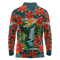Fiji Taveuni Parrot Long Sleeve Polo Shirt Tropical Waterfall Landscape With Floral Tribal Pattern