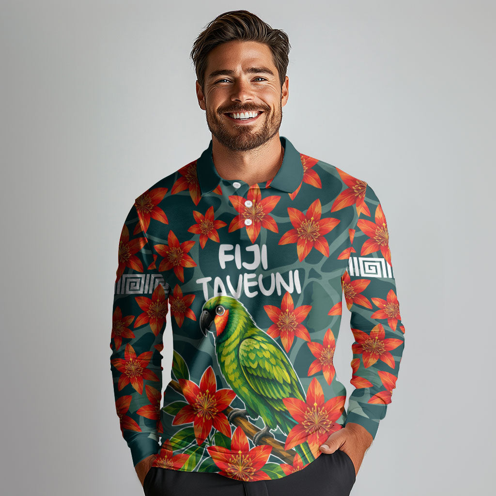 Fiji Taveuni Parrot Long Sleeve Polo Shirt Tropical Waterfall Landscape With Floral Tribal Pattern