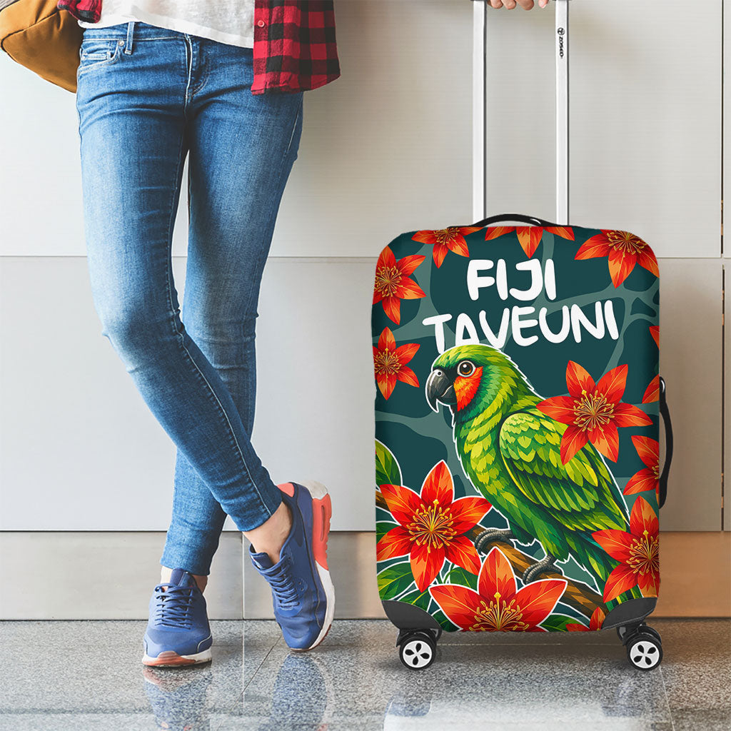Fiji Taveuni Parrot Luggage Cover Tropical Waterfall Landscape With Floral Tribal Pattern