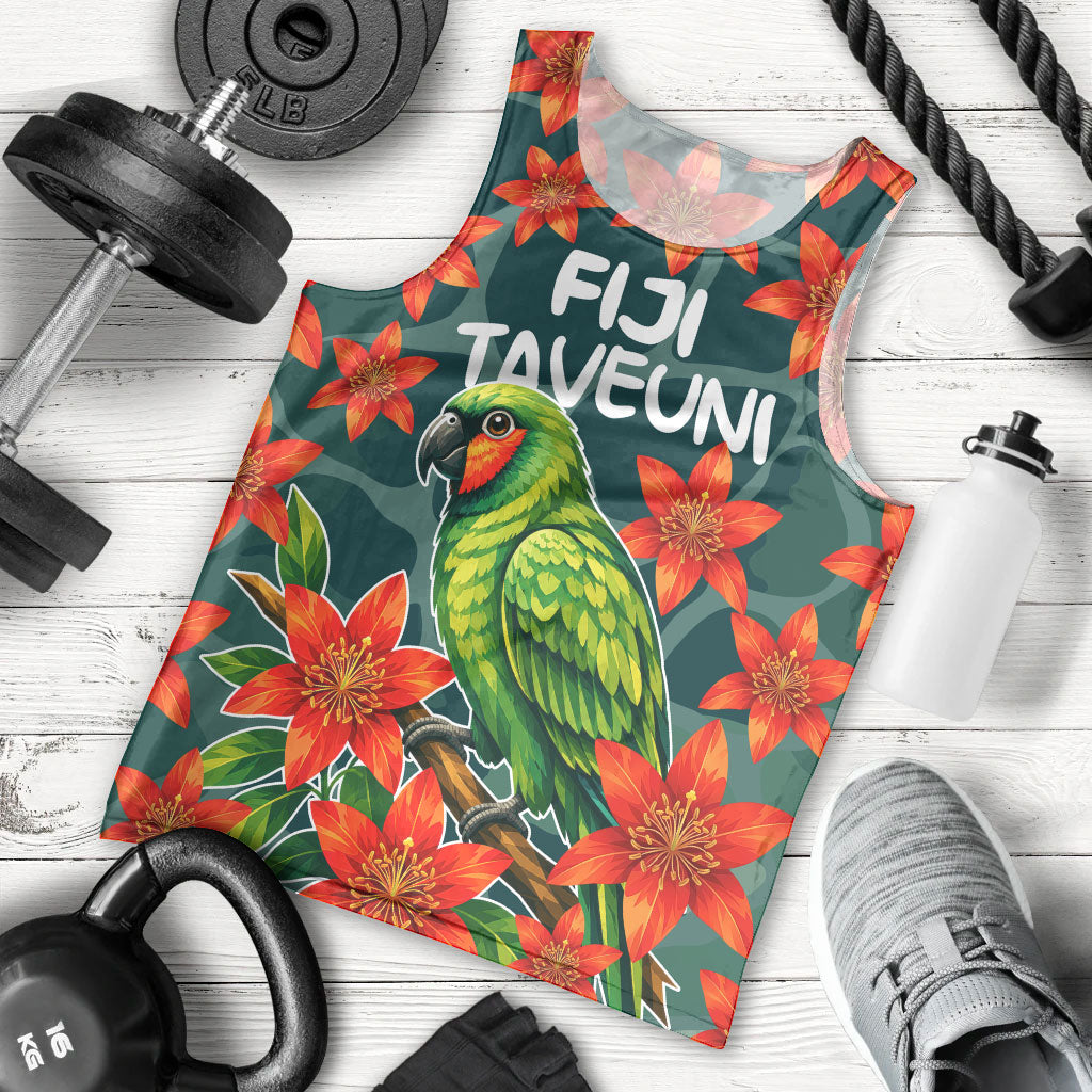 Fiji Taveuni Parrot Men Tank Top Tropical Waterfall Landscape With Floral Tribal Pattern