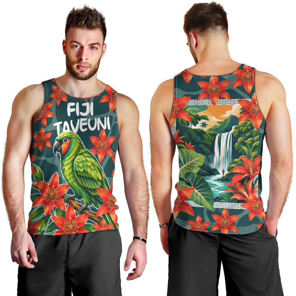Fiji Taveuni Parrot Men Tank Top Tropical Waterfall Landscape With Floral Tribal Pattern