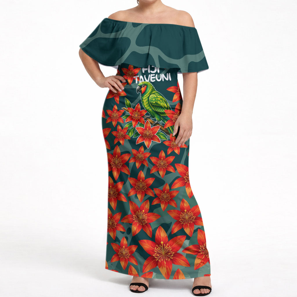 Fiji Taveuni Parrot Off Shoulder Maxi Dress Tropical Waterfall Landscape With Floral Tribal Pattern