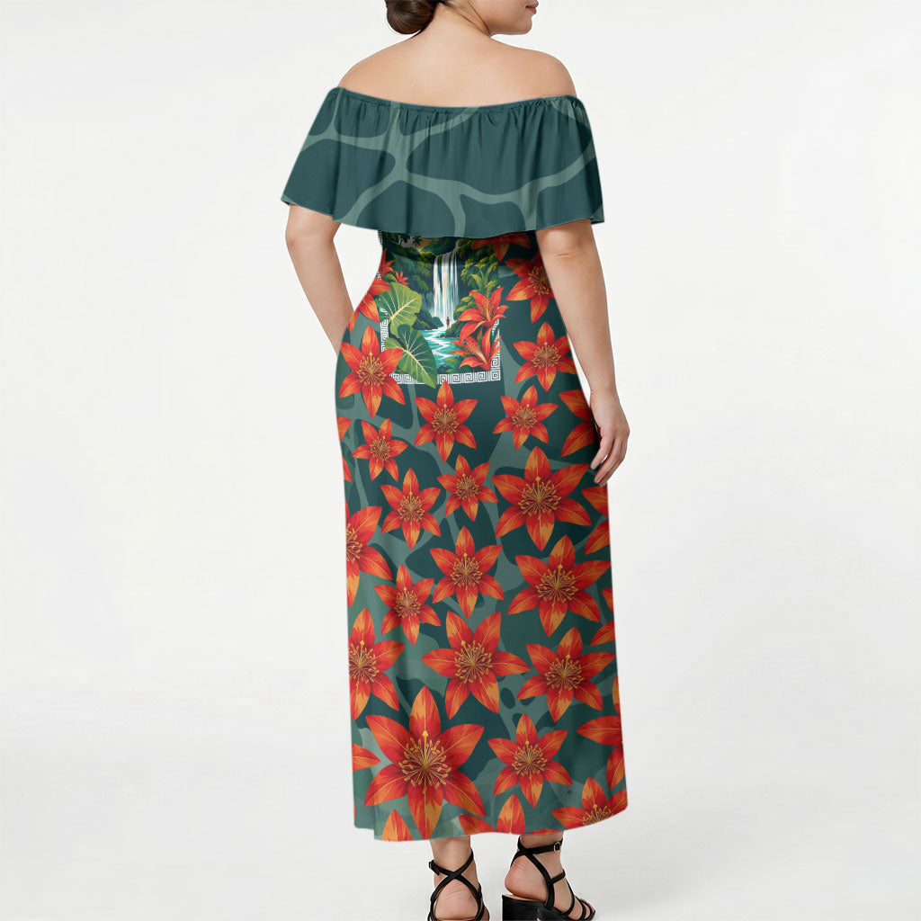Fiji Taveuni Parrot Off Shoulder Maxi Dress Tropical Waterfall Landscape With Floral Tribal Pattern