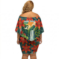 Fiji Taveuni Parrot Off Shoulder Short Dress Tropical Waterfall Landscape With Floral Tribal Pattern