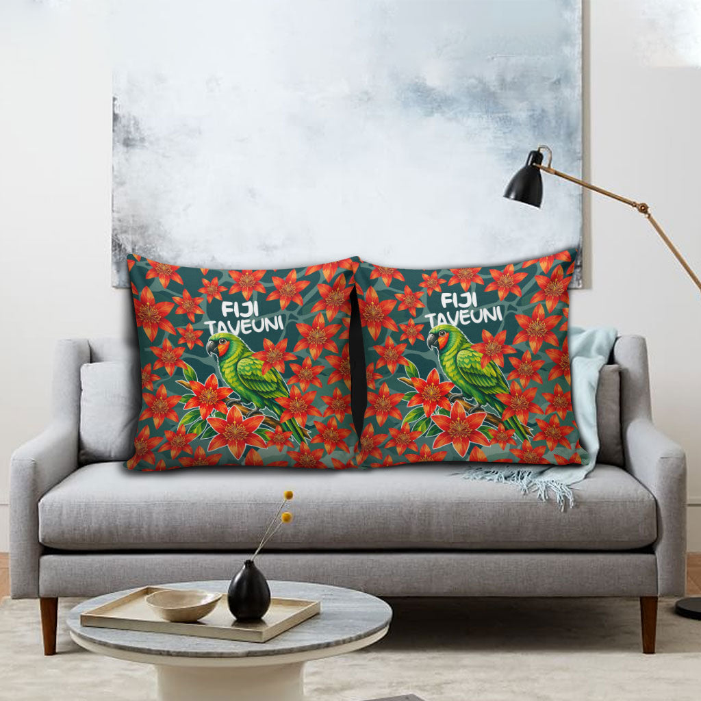 Fiji Taveuni Parrot Pillow Cover Tropical Waterfall Landscape With Floral Tribal Pattern