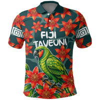 Fiji Taveuni Parrot Polo Shirt Tropical Waterfall Landscape With Floral Tribal Pattern