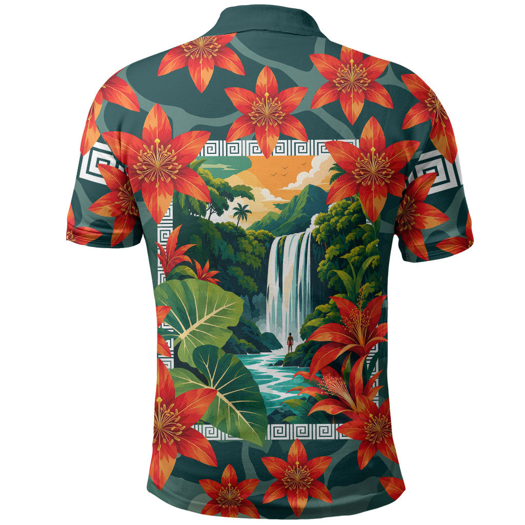 Fiji Taveuni Parrot Polo Shirt Tropical Waterfall Landscape With Floral Tribal Pattern