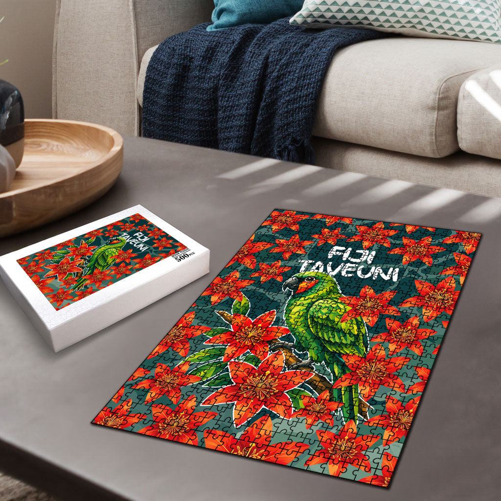 Fiji Taveuni Parrot Puzzle Tropical Waterfall Landscape With Floral Tribal Pattern