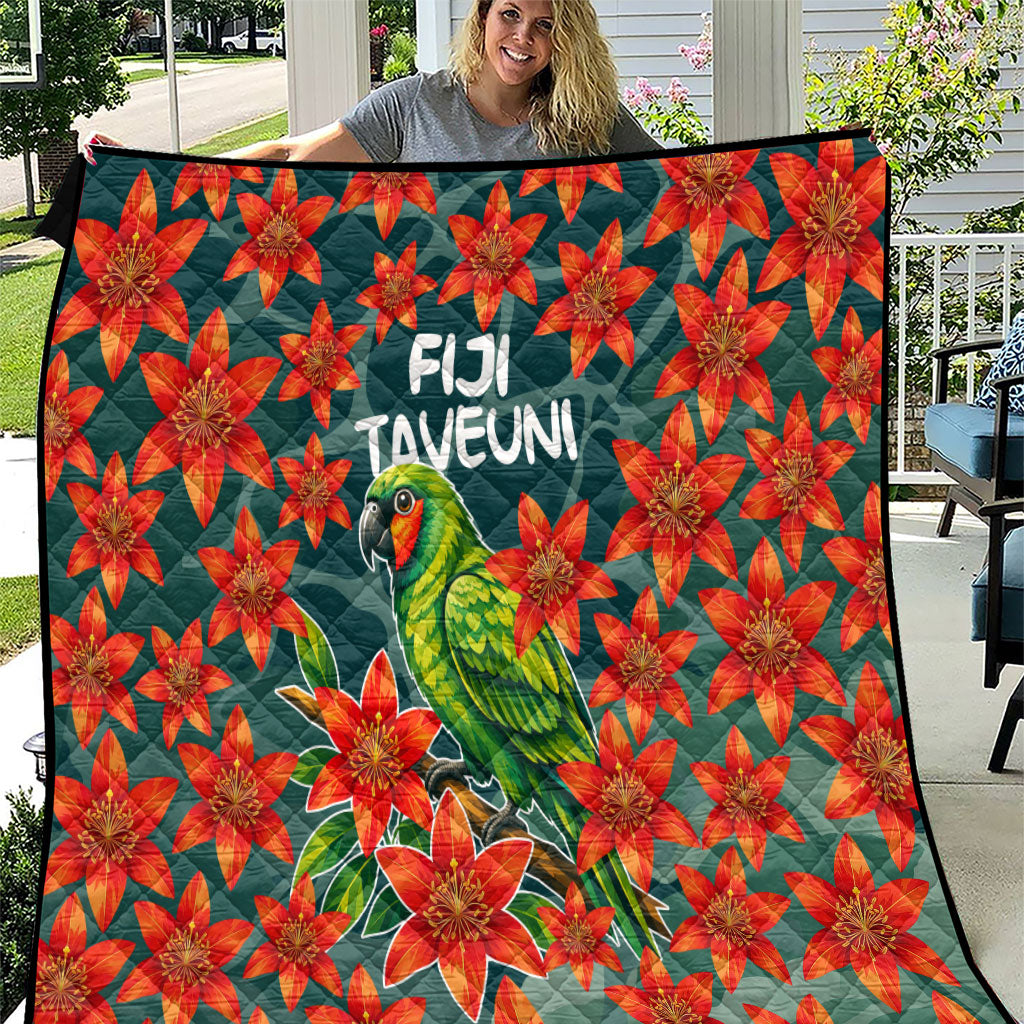 Fiji Taveuni Parrot Quilt Tropical Waterfall Landscape With Floral Tribal Pattern