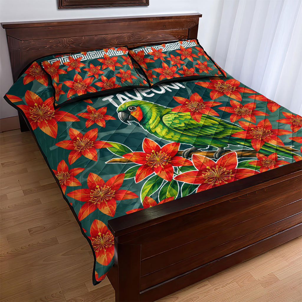 Fiji Taveuni Parrot Quilt Bed Set Tropical Waterfall Landscape With Floral Tribal Pattern