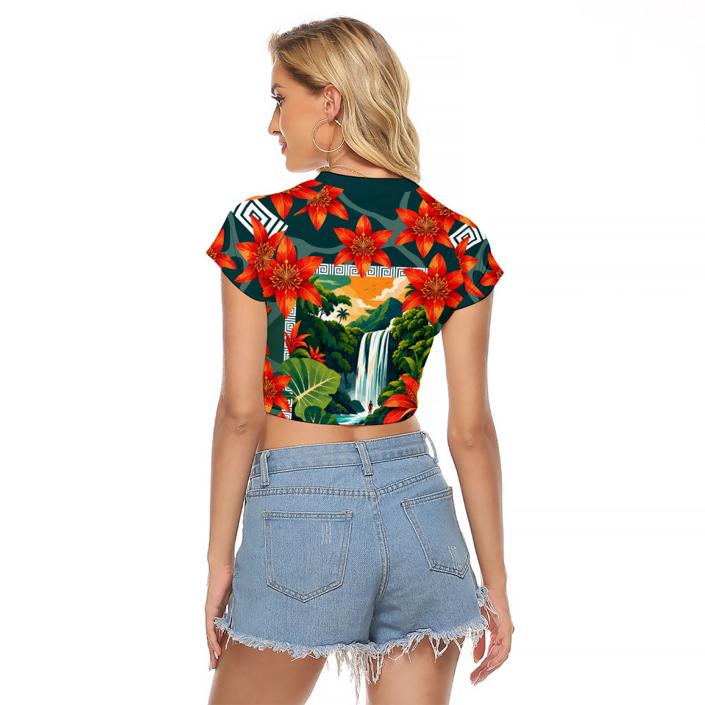 Fiji Taveuni Parrot Raglan Cropped T Shirt Tropical Waterfall Landscape With Floral Tribal Pattern
