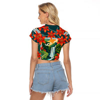 Fiji Taveuni Parrot Raglan Cropped T Shirt Tropical Waterfall Landscape With Floral Tribal Pattern