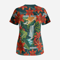 Fiji Taveuni Parrot Scrub Top Tropical Waterfall Landscape With Floral Tribal Pattern