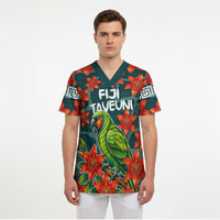 Fiji Taveuni Parrot Scrub Top Tropical Waterfall Landscape With Floral Tribal Pattern
