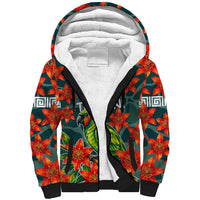 Fiji Taveuni Parrot Sherpa Hoodie Tropical Waterfall Landscape With Floral Tribal Pattern