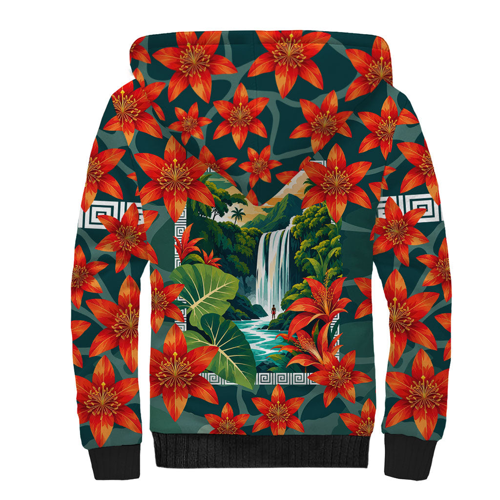 Fiji Taveuni Parrot Sherpa Hoodie Tropical Waterfall Landscape With Floral Tribal Pattern