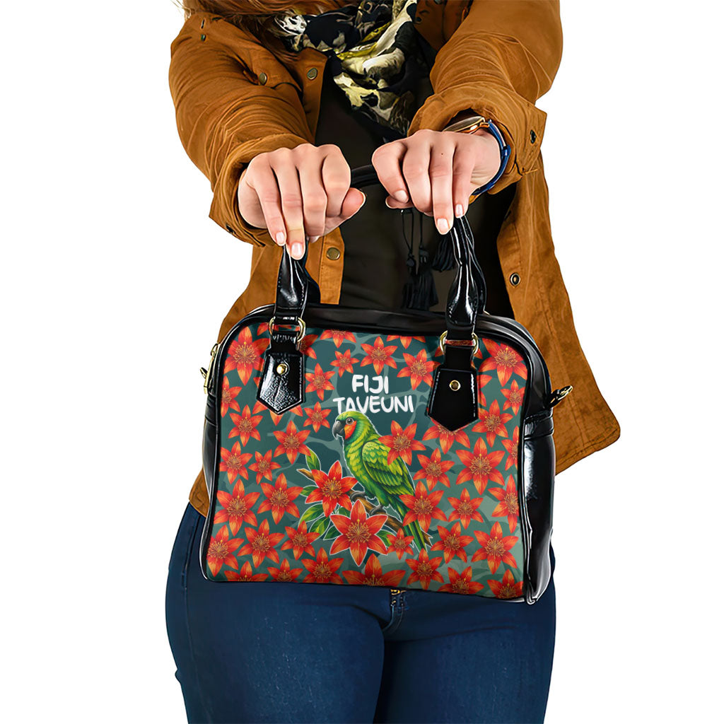 Fiji Taveuni Parrot Shoulder Handbag Tropical Waterfall Landscape With Floral Tribal Pattern
