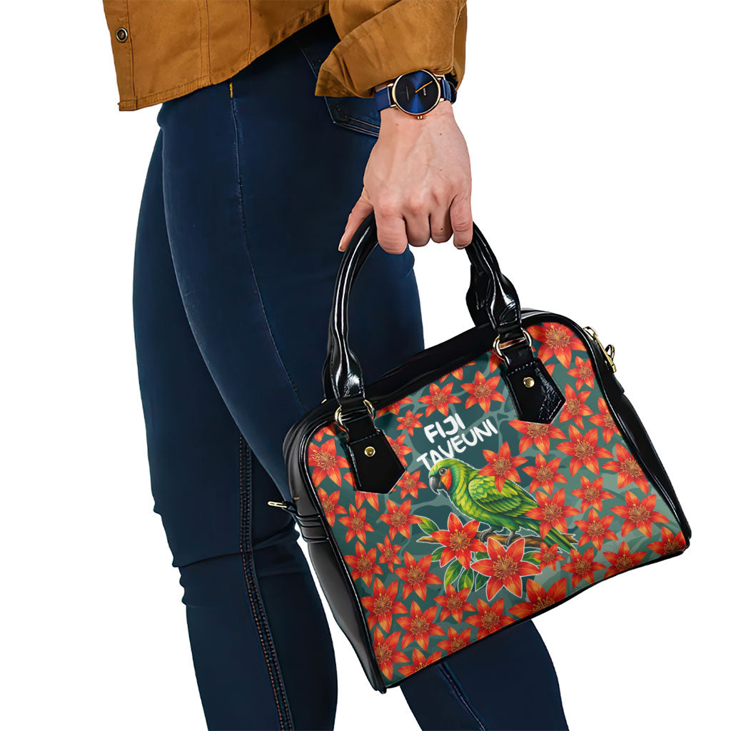 Fiji Taveuni Parrot Shoulder Handbag Tropical Waterfall Landscape With Floral Tribal Pattern