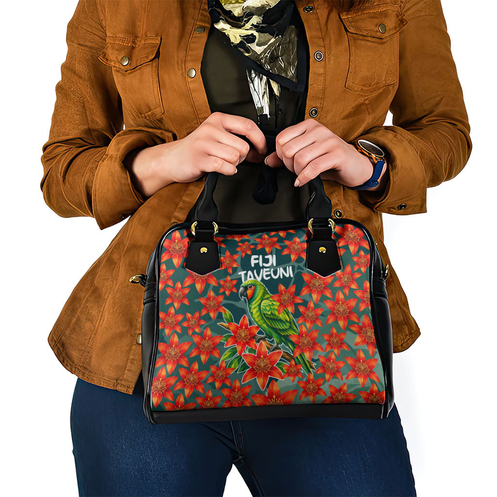 Fiji Taveuni Parrot Shoulder Handbag Tropical Waterfall Landscape With Floral Tribal Pattern