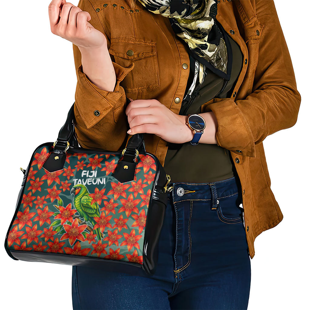 Fiji Taveuni Parrot Shoulder Handbag Tropical Waterfall Landscape With Floral Tribal Pattern