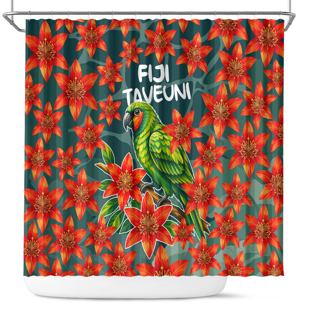 Fiji Taveuni Parrot Shower Curtain Tropical Waterfall Landscape With Floral Tribal Pattern TS04 Green Orange - Polynesian Pride