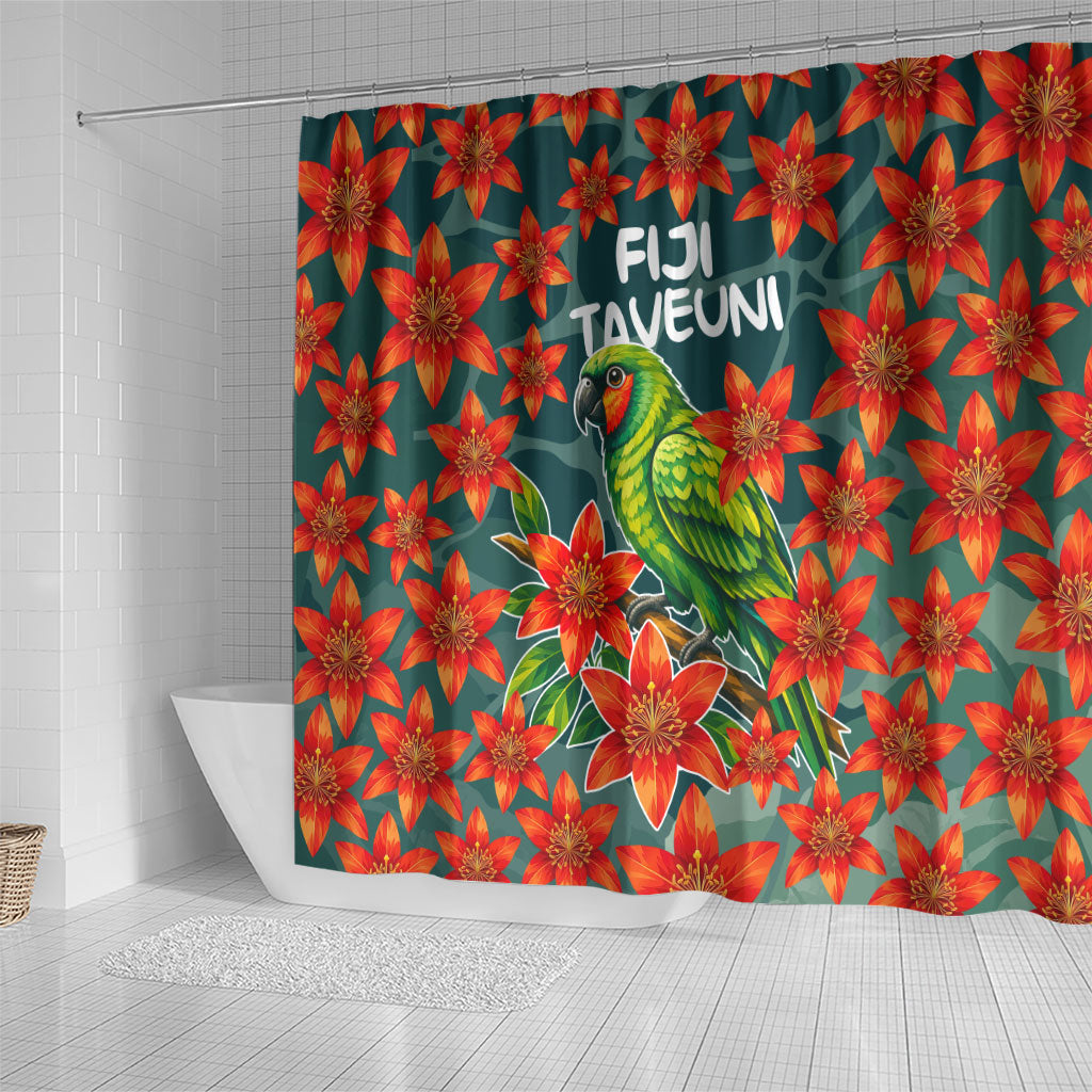 Fiji Taveuni Parrot Shower Curtain Tropical Waterfall Landscape With Floral Tribal Pattern