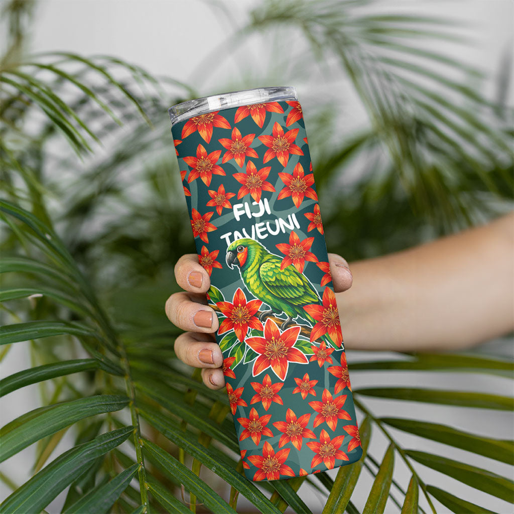 Fiji Taveuni Parrot Skinny Tumbler Tropical Waterfall Landscape With Floral Tribal Pattern