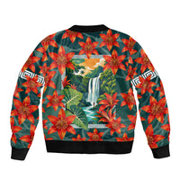 Fiji Taveuni Parrot Sleeve Zip Bomber Jacket Tropical Waterfall Landscape With Floral Tribal Pattern
