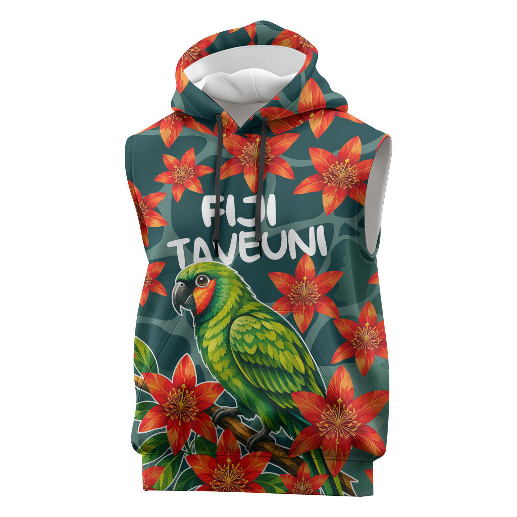 Fiji Taveuni Parrot Sleeveless Hoodie Tropical Waterfall Landscape With Floral Tribal Pattern