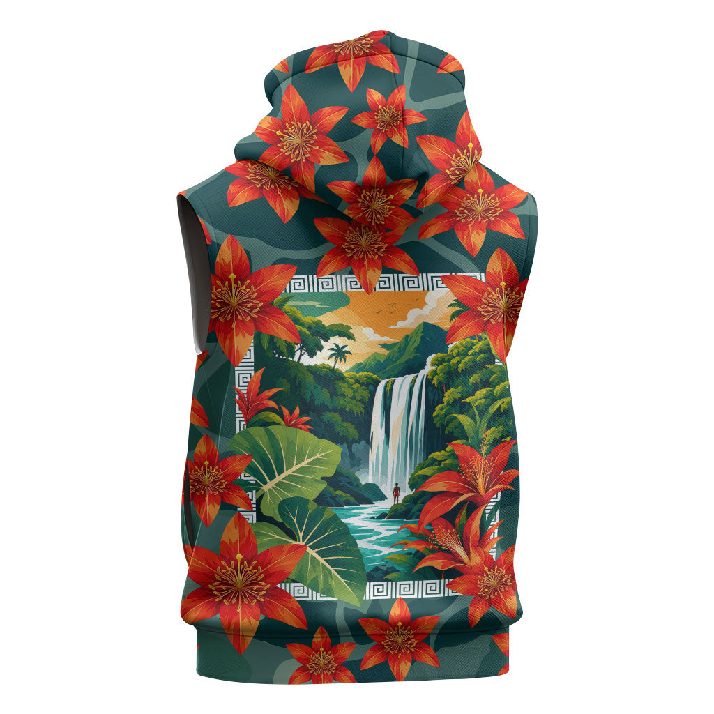 Fiji Taveuni Parrot Sleeveless Hoodie Tropical Waterfall Landscape With Floral Tribal Pattern