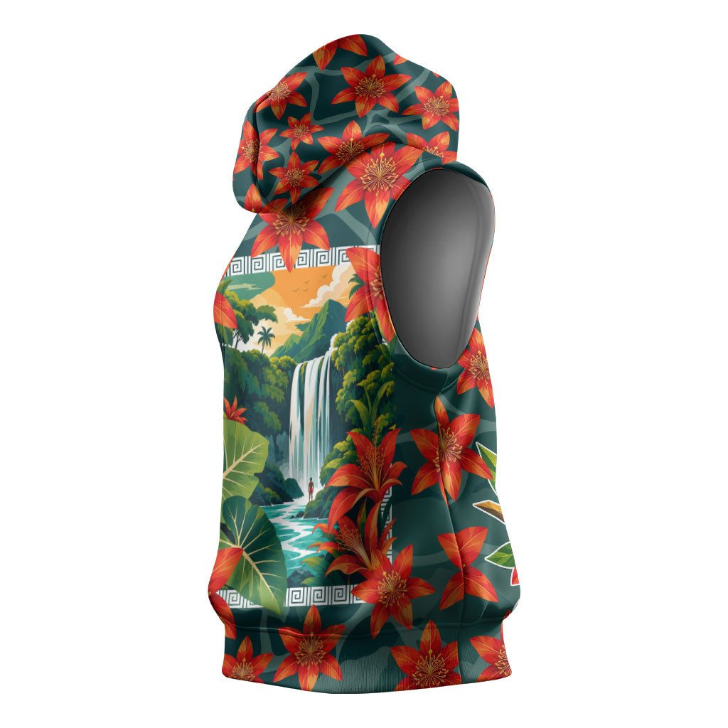 Fiji Taveuni Parrot Sleeveless Hoodie Tropical Waterfall Landscape With Floral Tribal Pattern