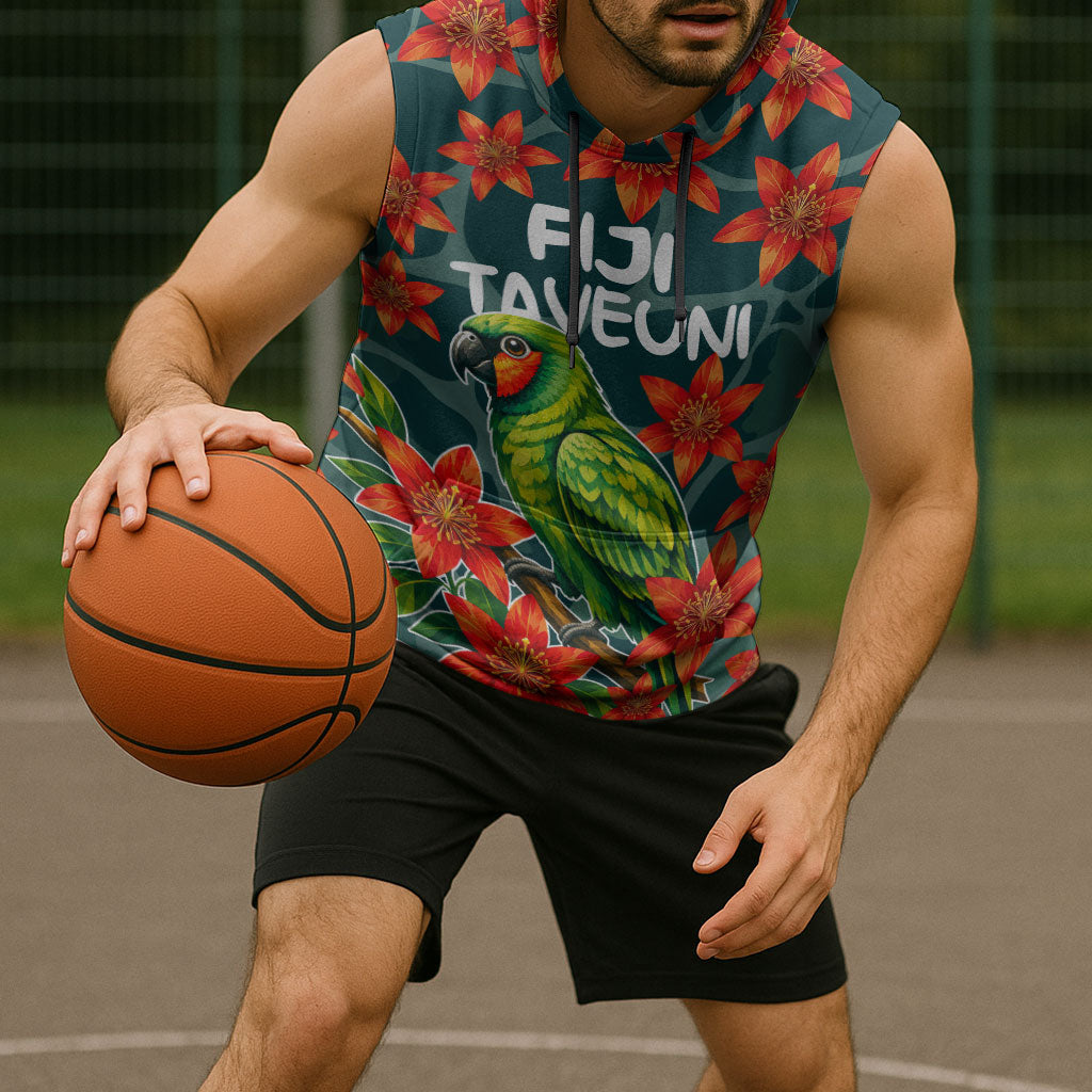 Fiji Taveuni Parrot Sleeveless Hoodie Tropical Waterfall Landscape With Floral Tribal Pattern