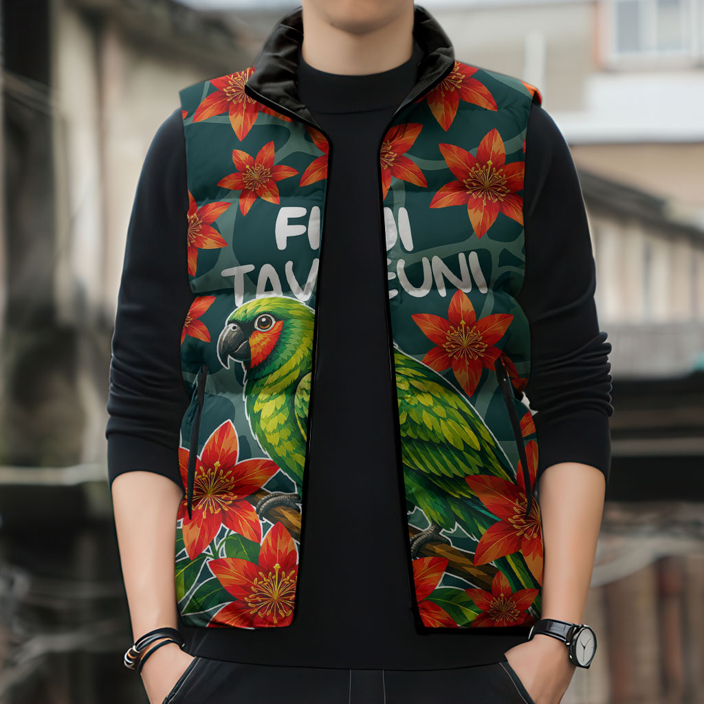 Fiji Taveuni Parrot Sleeveless Puffer Jacket Tropical Waterfall Landscape With Floral Tribal Pattern