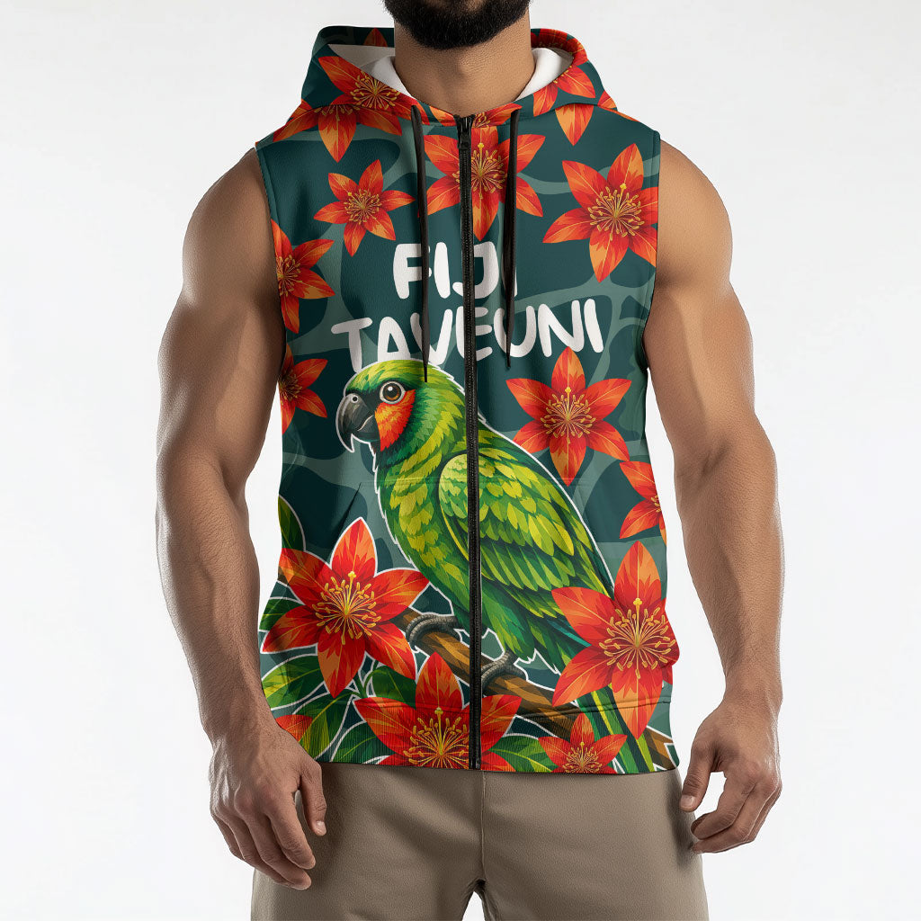 Fiji Taveuni Parrot Sleeveless Zip Hoodie Tropical Waterfall Landscape With Floral Tribal Pattern