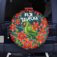 Fiji Taveuni Parrot Spare Tire Cover Tropical Waterfall Landscape With Floral Tribal Pattern