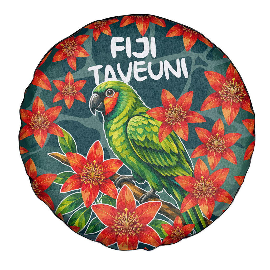 Fiji Taveuni Parrot Spare Tire Cover Tropical Waterfall Landscape With Floral Tribal Pattern