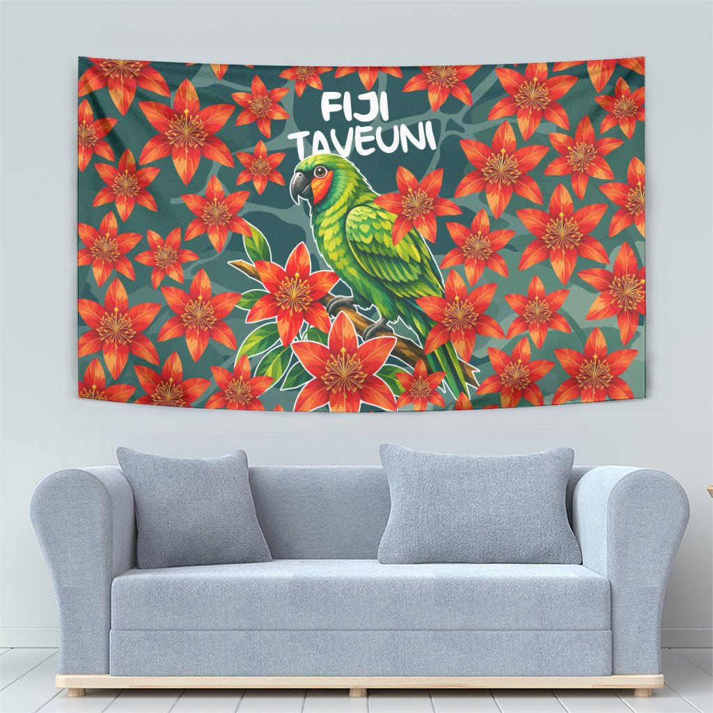 Fiji Taveuni Parrot Tapestry Tropical Waterfall Landscape With Floral Tribal Pattern