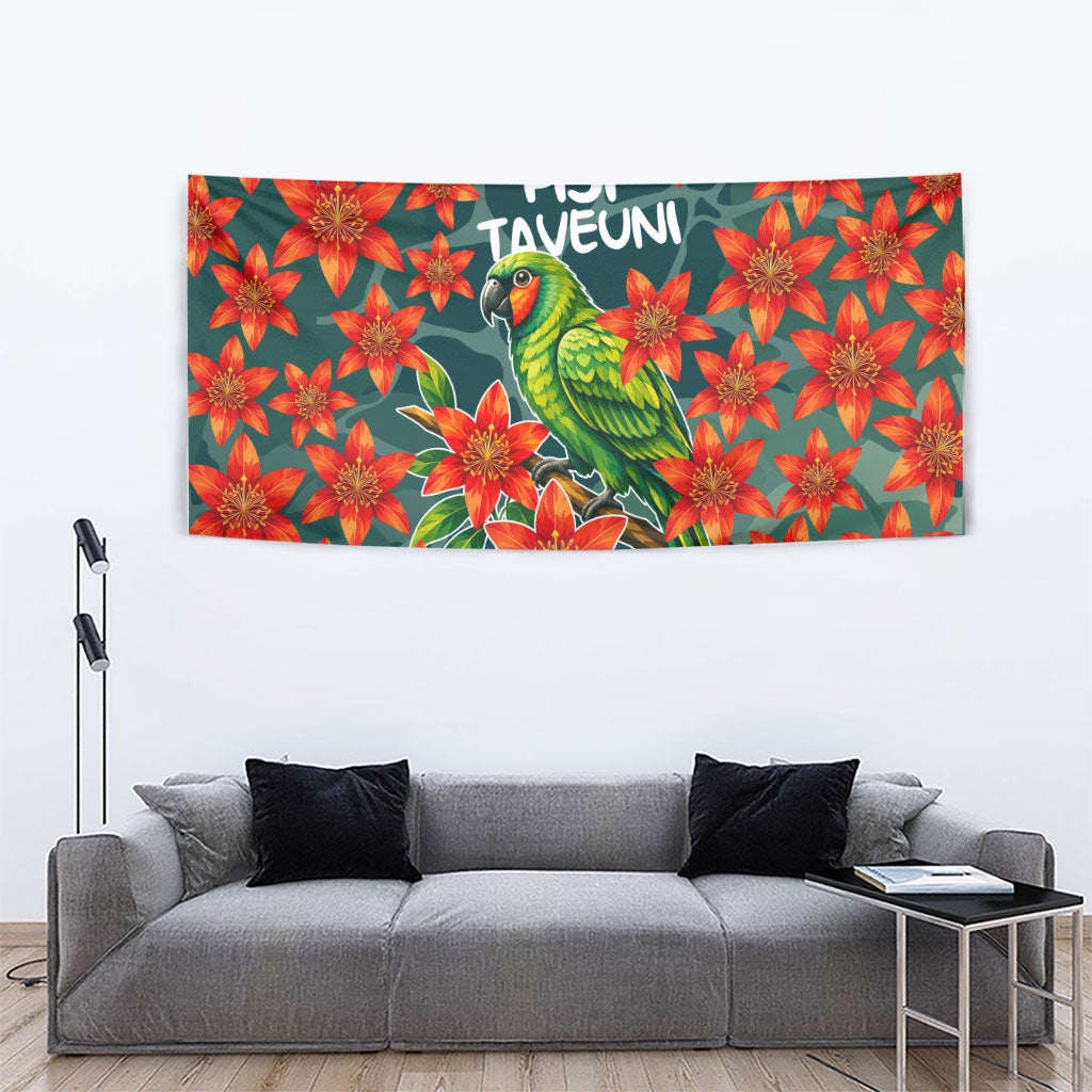 Fiji Taveuni Parrot Tapestry Tropical Waterfall Landscape With Floral Tribal Pattern